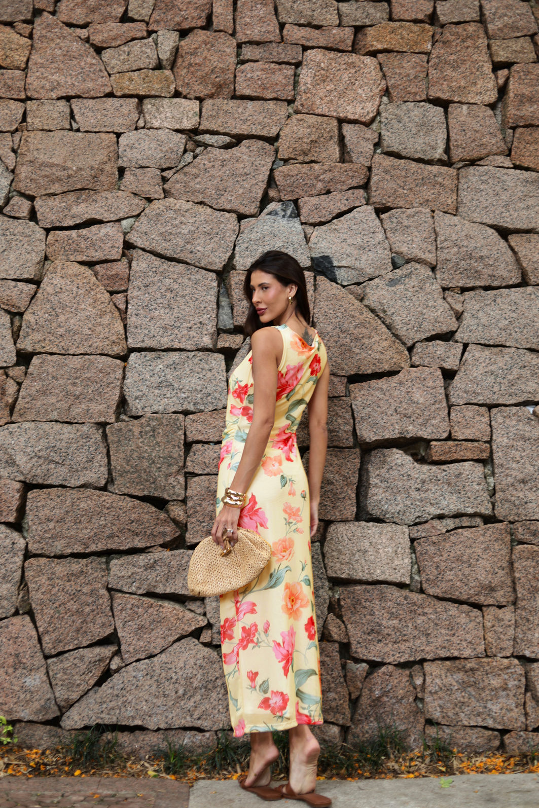 VESTIDO DE TULE FLORAL PRIMAVERA AMARELO MANTEIGA