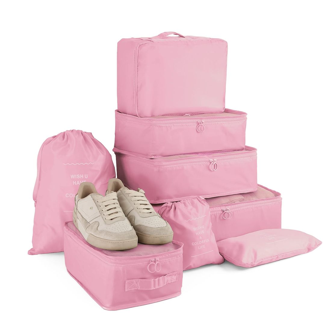 Kit de Mala Pequena de Bordo 10 kg Bélgica Rosa, Kit Frascos 7 Pecas, Organizador Sapato, Organizador Colorful Life e Home Spray Aroma`loa