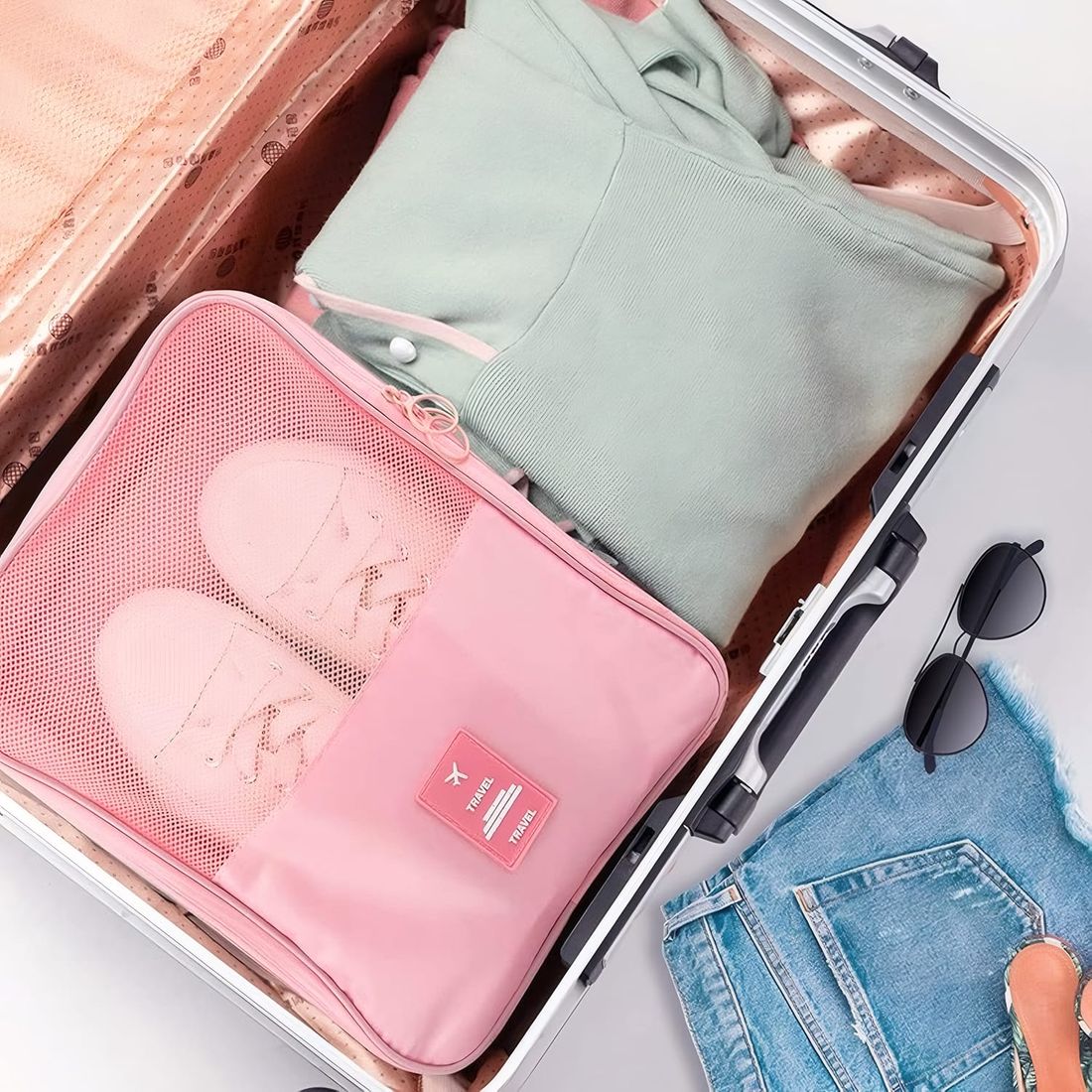 Kit de Mala Pequena de Bordo 10 kg Bélgica Rosa, Kit Frascos 7 Pecas, Organizador Sapato, Organizador Colorful Life e Home Spray Aroma`loa