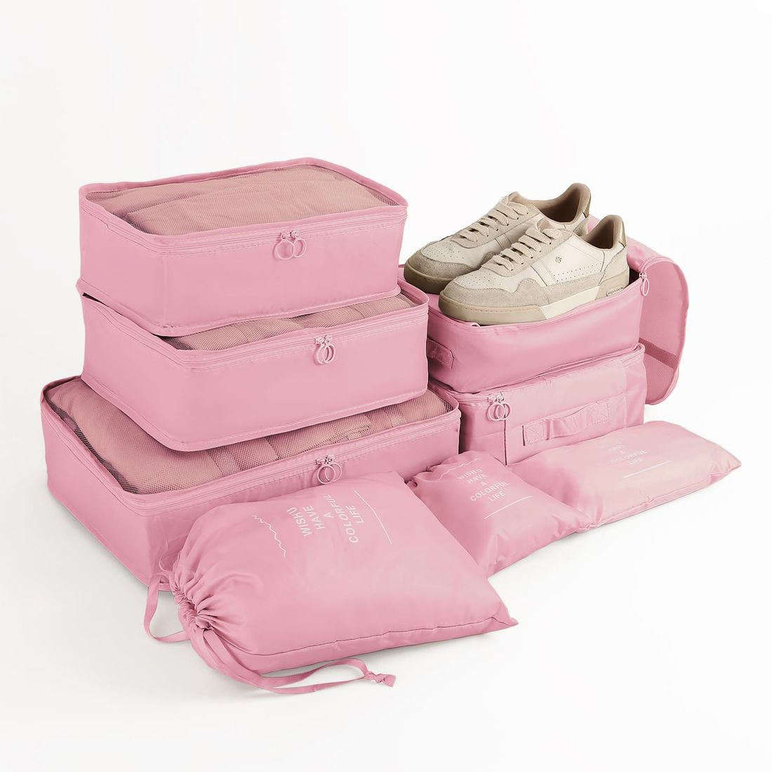 Kit de Mala Pequena de Bordo 10 kg Bélgica Rosa, Kit Frascos 7 Pecas, Organizador Sapato, Organizador Colorful Life e Home Spray Aroma`loa