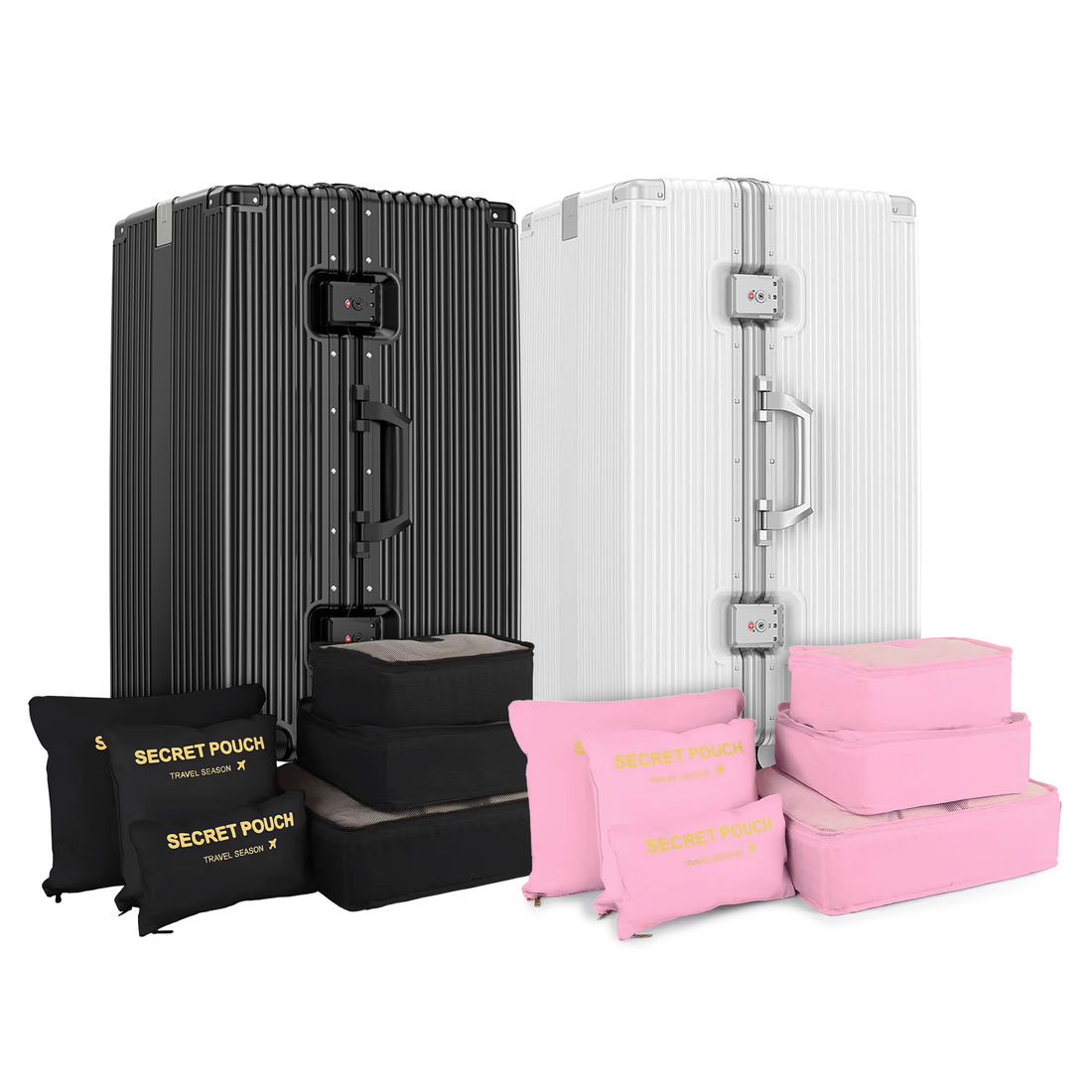 Kit de Mala Pequena 10 kg Holanda Preto e Branco com Organizador de Mala Laundry Pouch Preto e Rosa