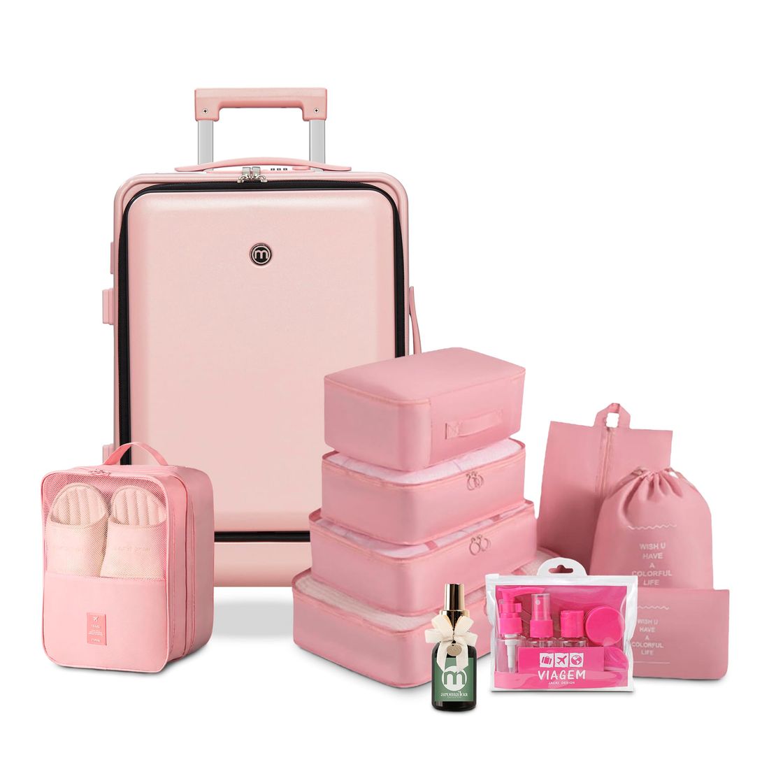 Kit de Mala Pequena de Bordo 10 kg Bélgica Rosa, Kit Frascos 7 Pecas, Organizador Sapato, Organizador Colorful Life e Home Spray Aroma`loa