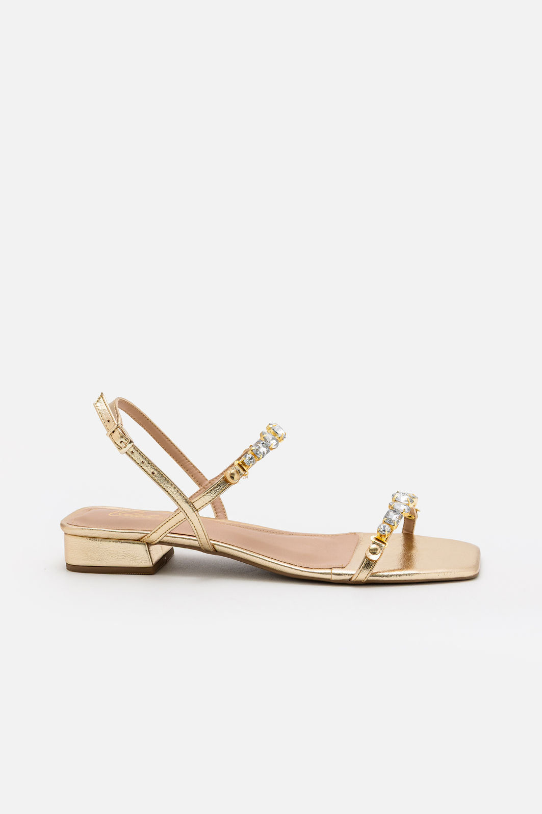 Sandália Delicadíssima com Pedras e Salto Baixo Champagne Sandália Delicadíssima com Pedras e Salto Baixo Champagne