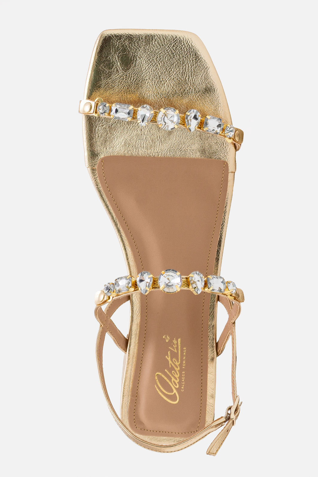 Sandália Delicadíssima com Pedras e Salto Baixo Champagne Sandália Delicadíssima com Pedras e Salto Baixo Champagne