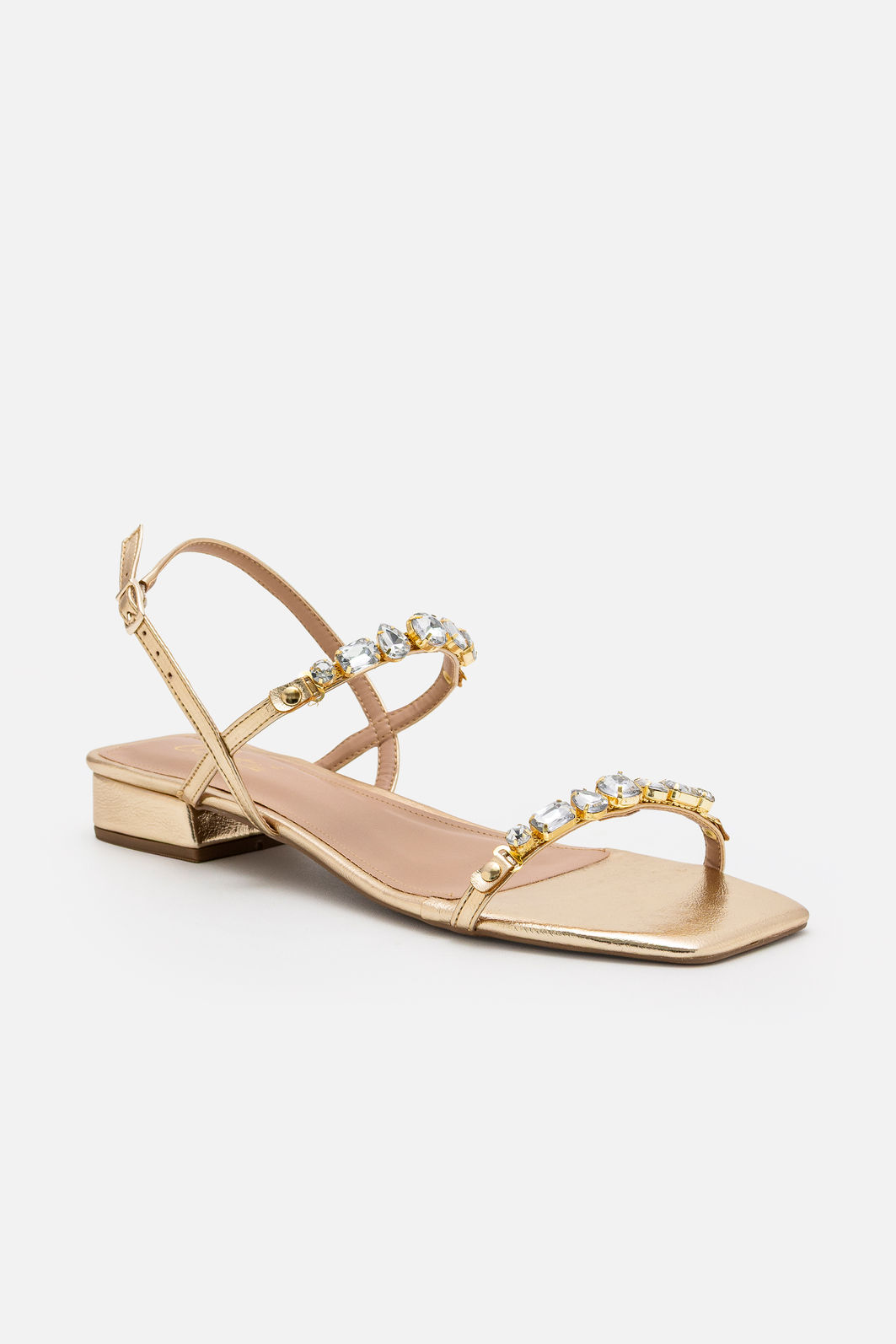 Sandália Delicadíssima com Pedras e Salto Baixo Champagne Sandália Delicadíssima com Pedras e Salto Baixo Champagne