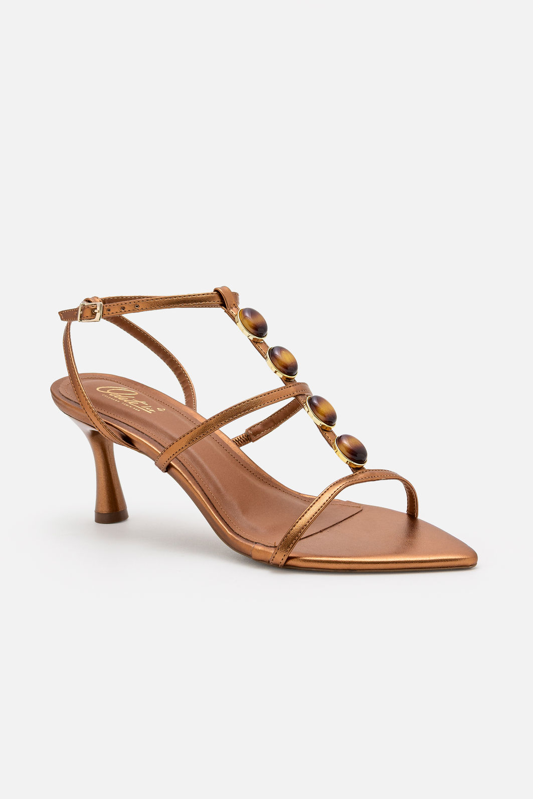 Sandália Delicada com Pedras e Salto Taça Bronze Sandália Delicada com Pedras e Salto Taça Bronze