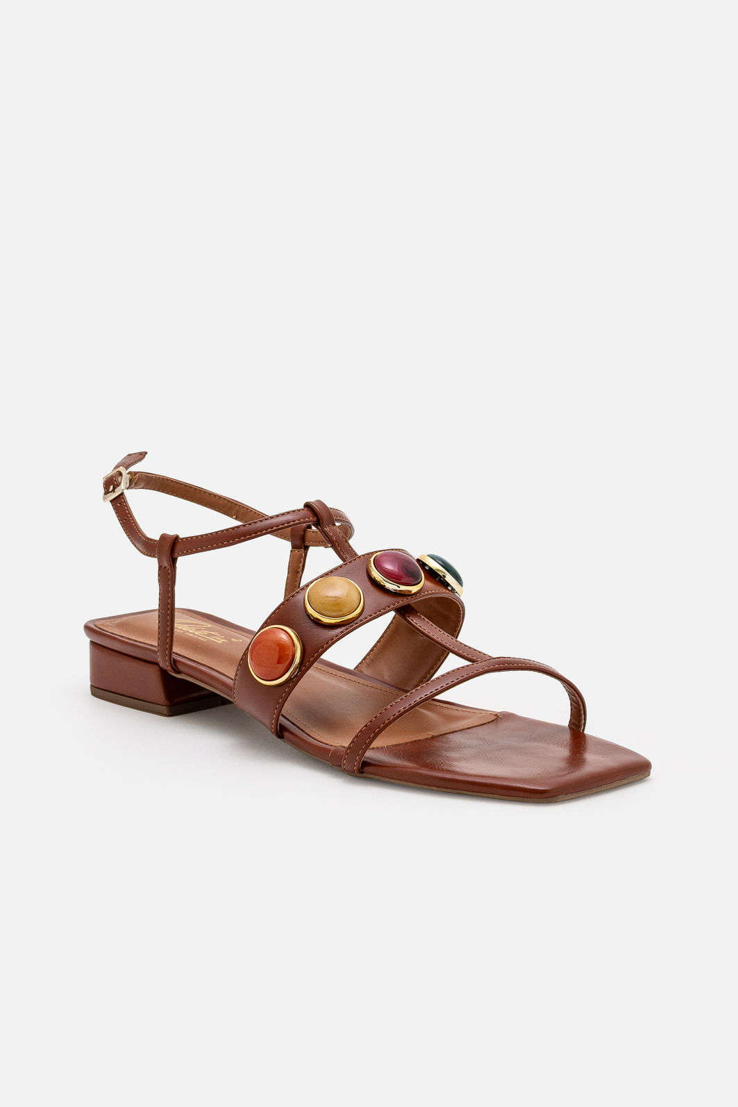 Sandália Moderna com Pedras e Salto Baixo Tostado Sandália Moderna com Pedras e Salto Baixo Tostado