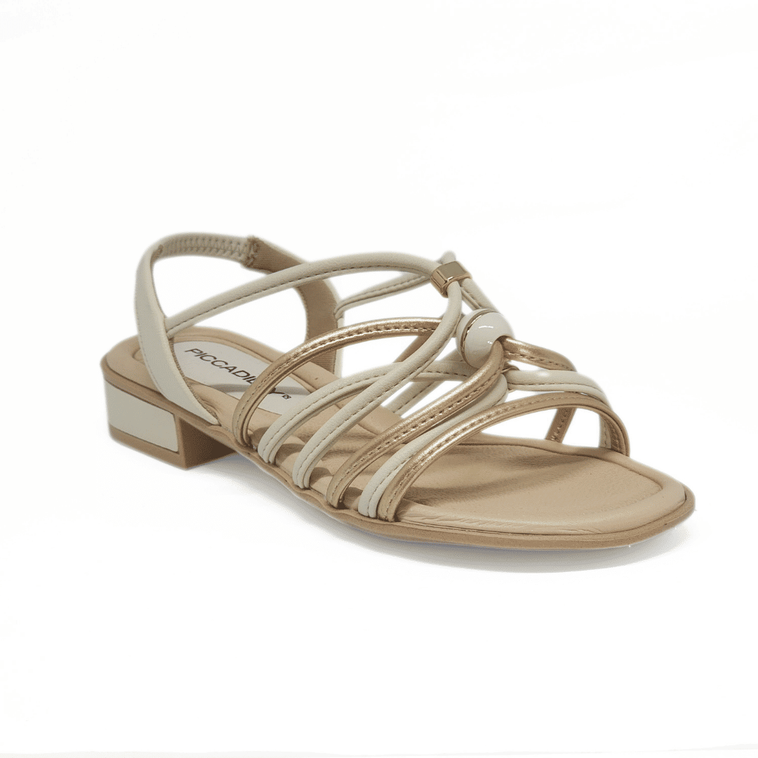 Sandália Piccadilly Tiras Bicolor Transpassadas Detalhe Bola Metal Ajustável Salto Rasteira Posterio