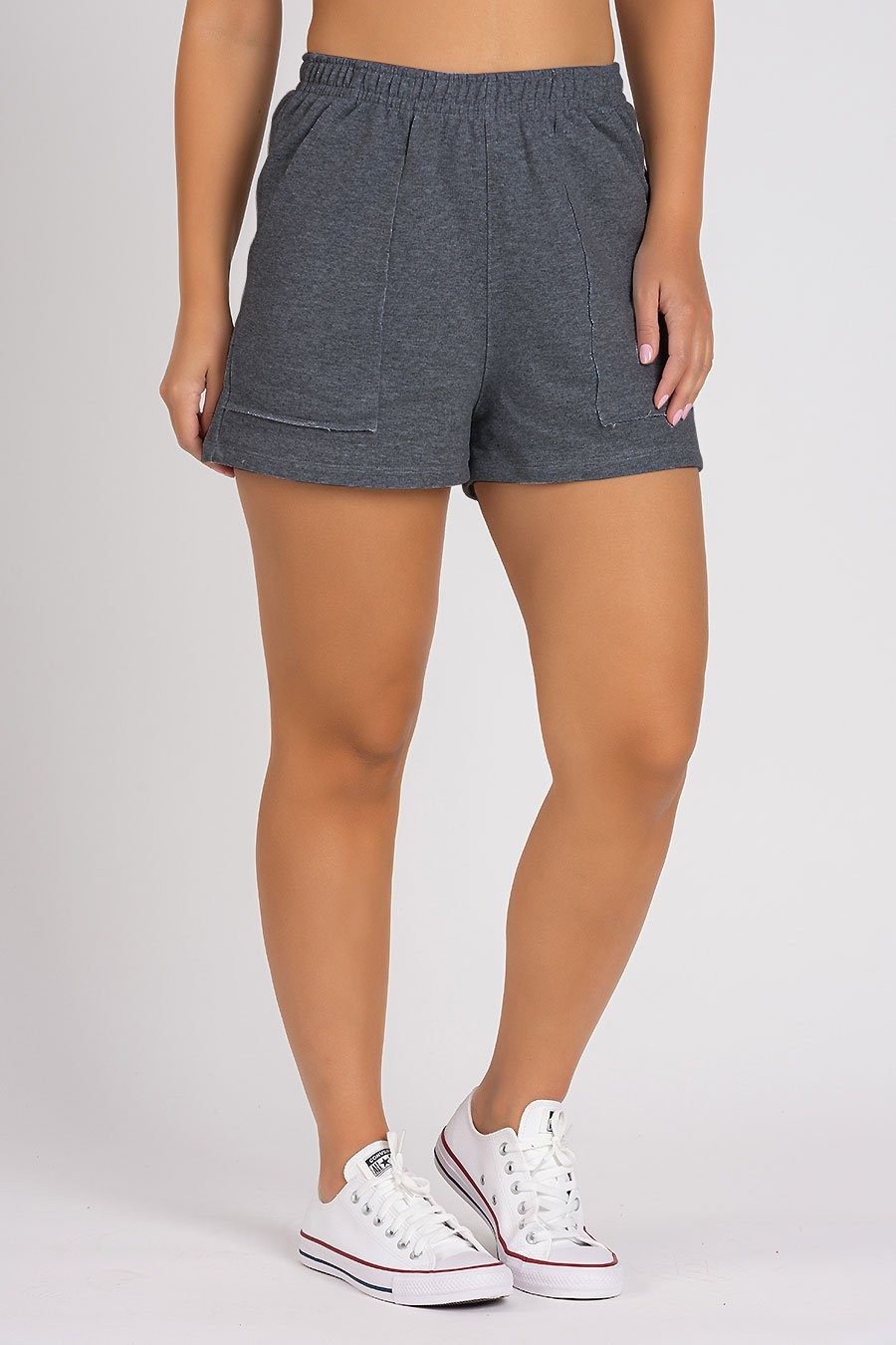 Short de Moletom Feminino Bolso a Fio Mescla Escuro Short de Moletom Feminino Bolso a Fio Mescla Escuro