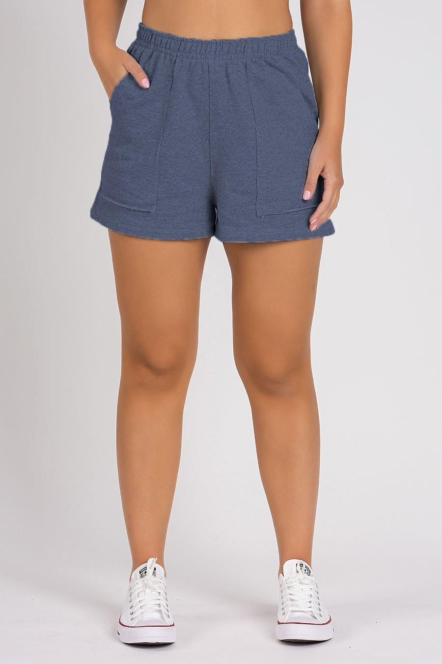 Short de Moletom Feminino Bolso a Fio Mescla Marinho Short de Moletom Feminino Bolso a Fio Mescla Marinho