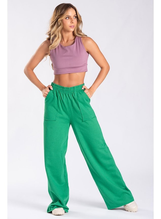 Calça Wide Leg Moletom Peluciada Verde Bandeira Calça Wide Leg Moletom Peluciada Verde Bandeira