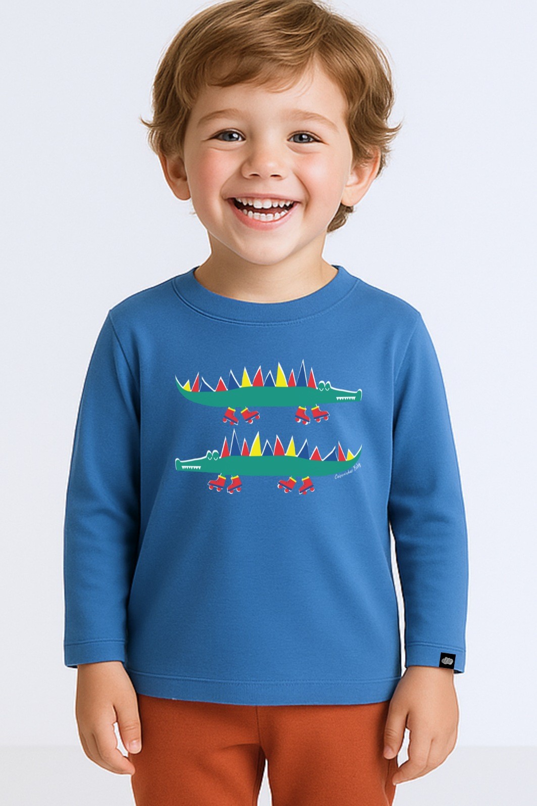 Camiseta Infantil Manga Longa Algodão Toque Macio Azul Jacarés Patinadores