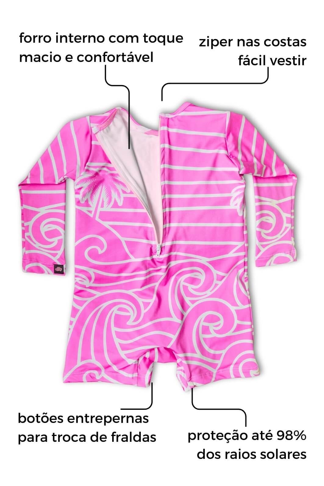 Macacão Praia Bebê Proteção Solar UV 50+ Manga Longa Rosa Beach On Macacão Praia Bebê Proteção Solar UV 50+ Manga Longa Rosa Beach On