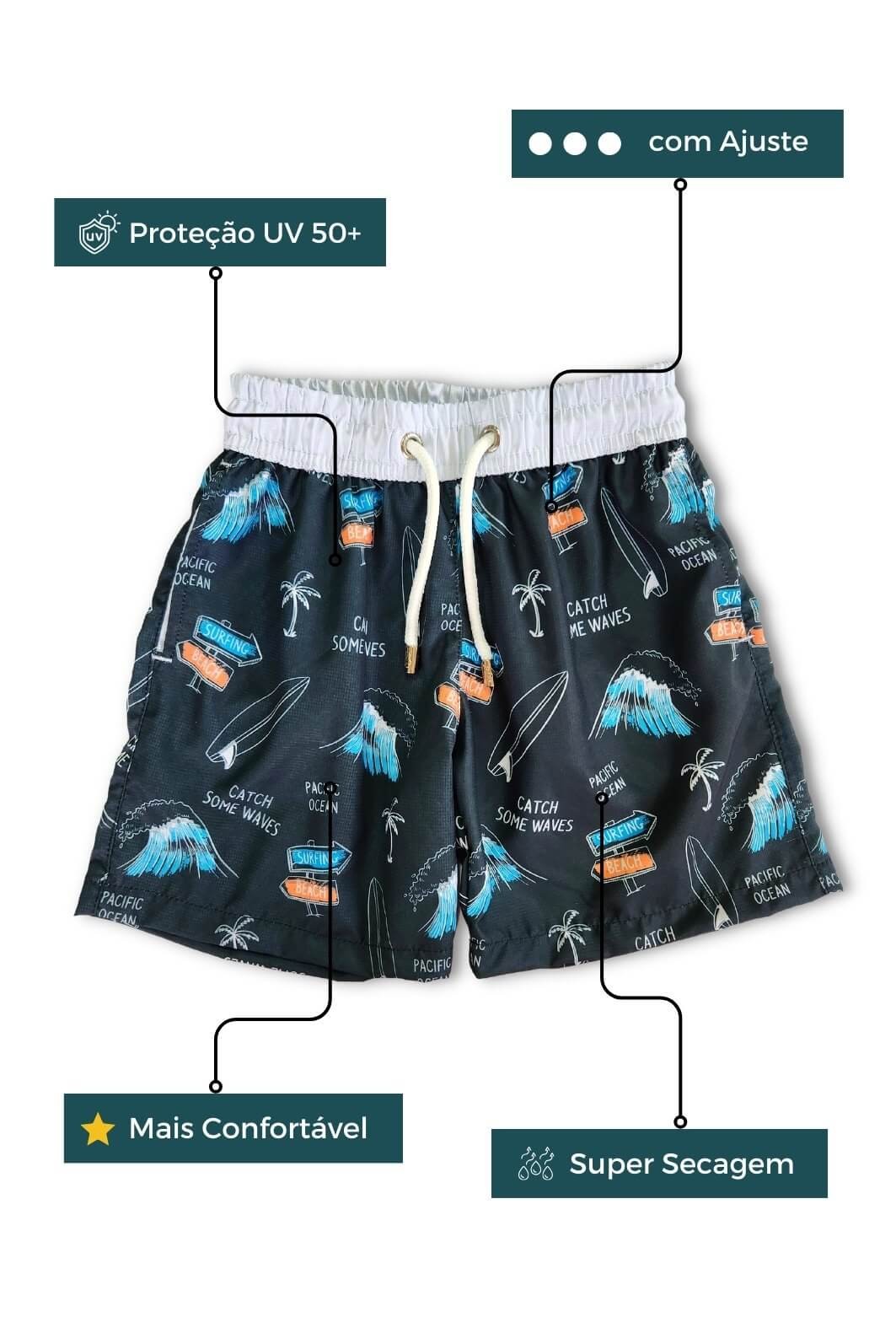 Short Infantil Tactel de banho com ajuste na cintura e proteção UV 50+ Preto Catch Some Waves