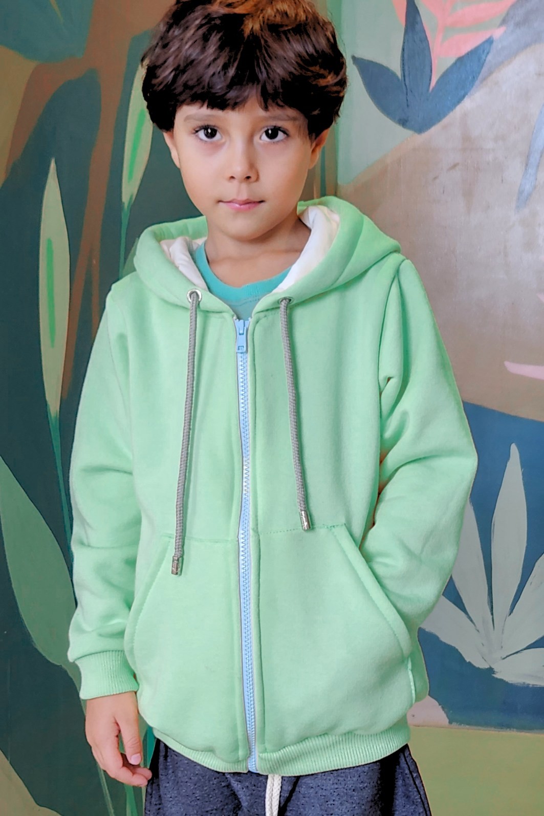 Casaco Infantil Moletom Felpado Zíper e Capuz Verde Menta Casaco Infantil Moletom Felpado Zíper e Capuz Verde Menta