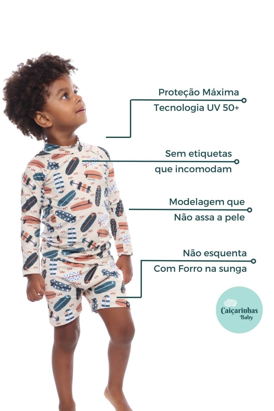 Camisa Proteção Uv 50+ Infantil + Sunga Bege Pranchas Camisa Proteção Uv 50+ Infantil + Sunga Bege Pranchas