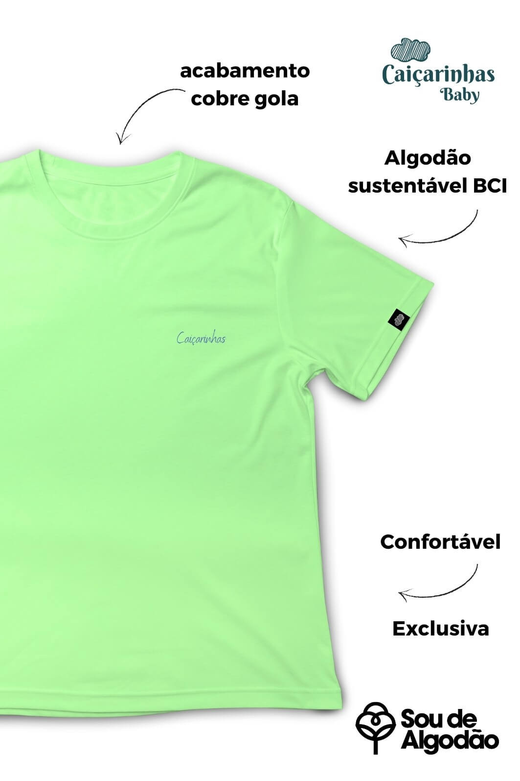 Camiseta Infantil Manga Curta Algodão Macio Verde Claro Minimalista