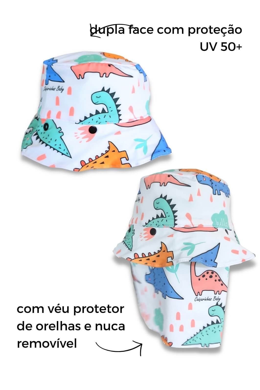 Chapéu infantil Proteção Solar UV 50+ Dupla Face Praia e Piscina Branco Dinossauros Chapéu infantil Proteção Solar UV 50+ Dupla Face Praia e Piscina Branco Dinossauros