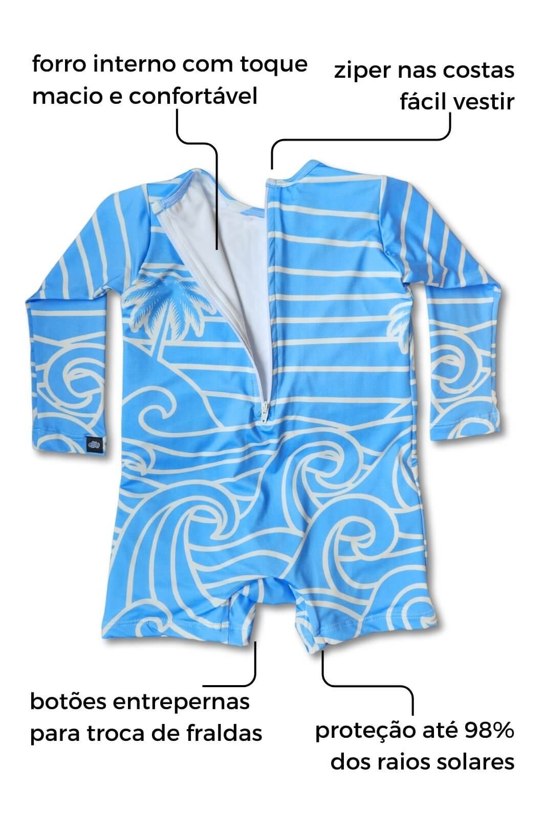 Macacão Praia Bebê Proteção Solar UV 50+ Manga Longa Azul Beach On Macacão Praia Bebê Proteção Solar UV 50+ Manga Longa Azul Beach On