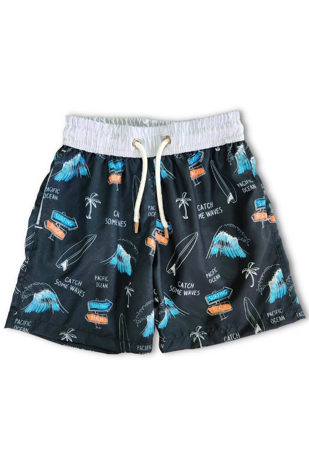 Short Infantil Tactel de banho com ajuste na cintura e proteção UV 50+ Preto Catch Some Waves