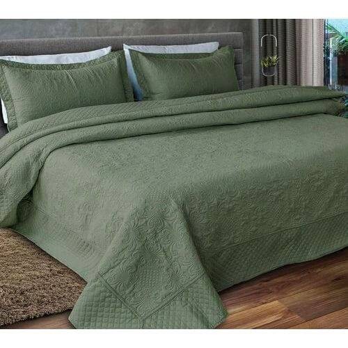 Kit 1 Colcha Queen Provence Microfibra Matelacê Ultrasonic + 2 Porta-Travesseiros 2,40 x 2,60m - Verde