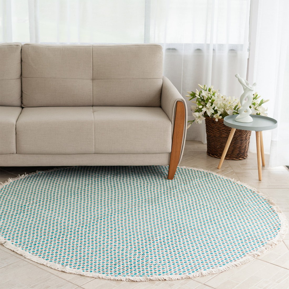 Tapete Redondo para Sala 2,00m de Algodão Contemporâneo Pilão Turquesa e Fendi