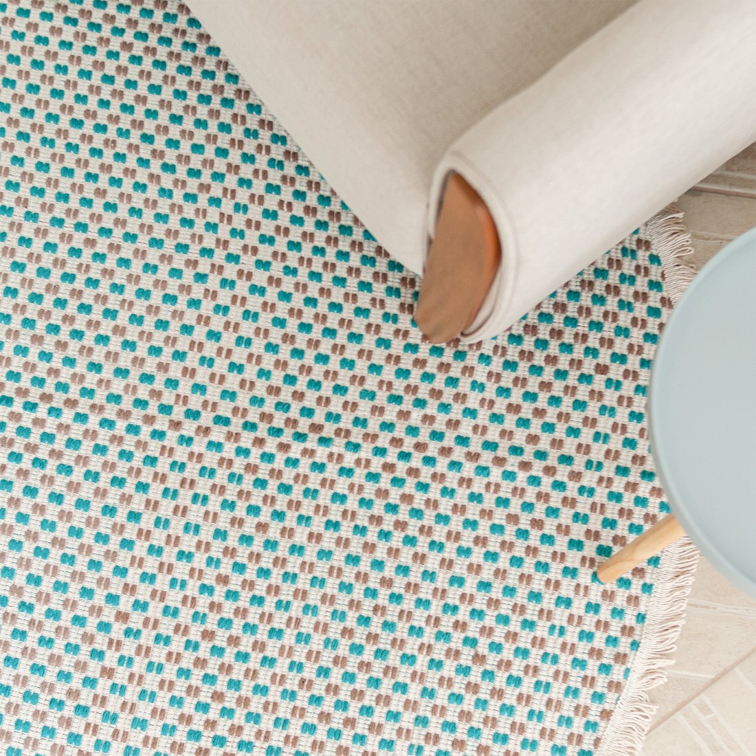 Tapete Redondo para Sala 2,00m de Algodão Contemporâneo Pilão Turquesa e Fendi