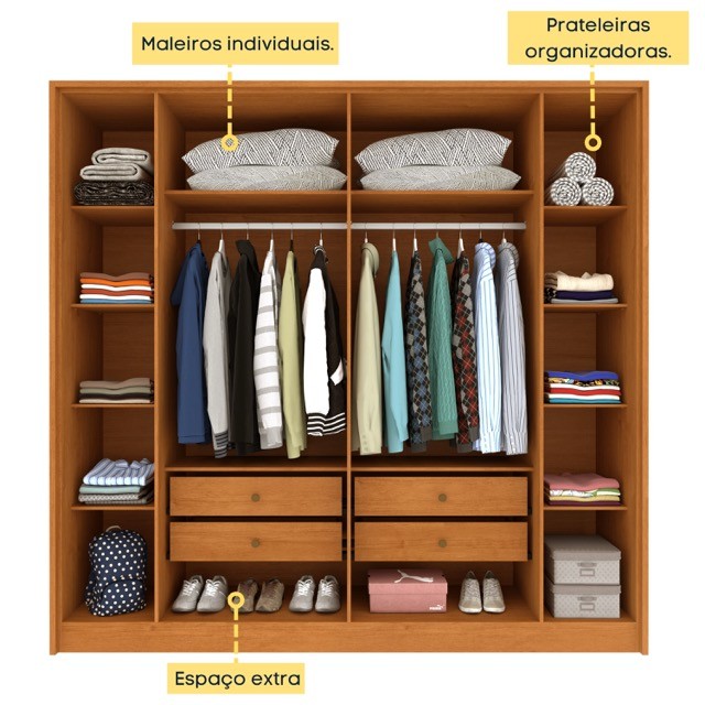 Guarda-Roupa Casal 6 Portas com 4 Gavetas Tcil Guarani – Cinamomo/Off White Guarda-Roupa Casal 6 Portas com 4 Gavetas Tcil Guarani – Cinamomo/Off White