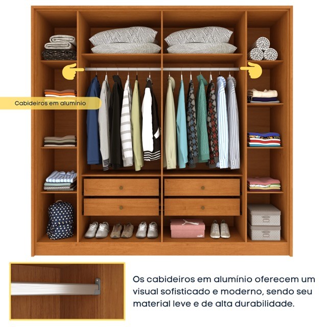 Guarda-Roupa Casal 6 Portas com 4 Gavetas Tcil Guarani – Cinamomo/Off White Guarda-Roupa Casal 6 Portas com 4 Gavetas Tcil Guarani – Cinamomo/Off White
