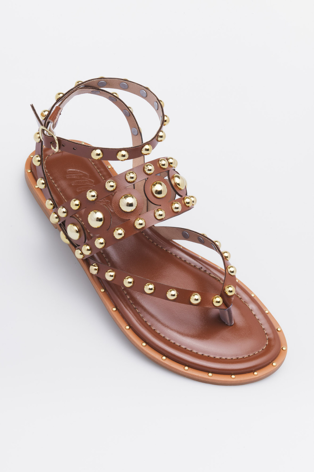 Sandália Ninny Caramelo MIST – Rasteira com Esferas Douradas Sandália Ninny Caramelo – tiras delicadas com detalhes dourados