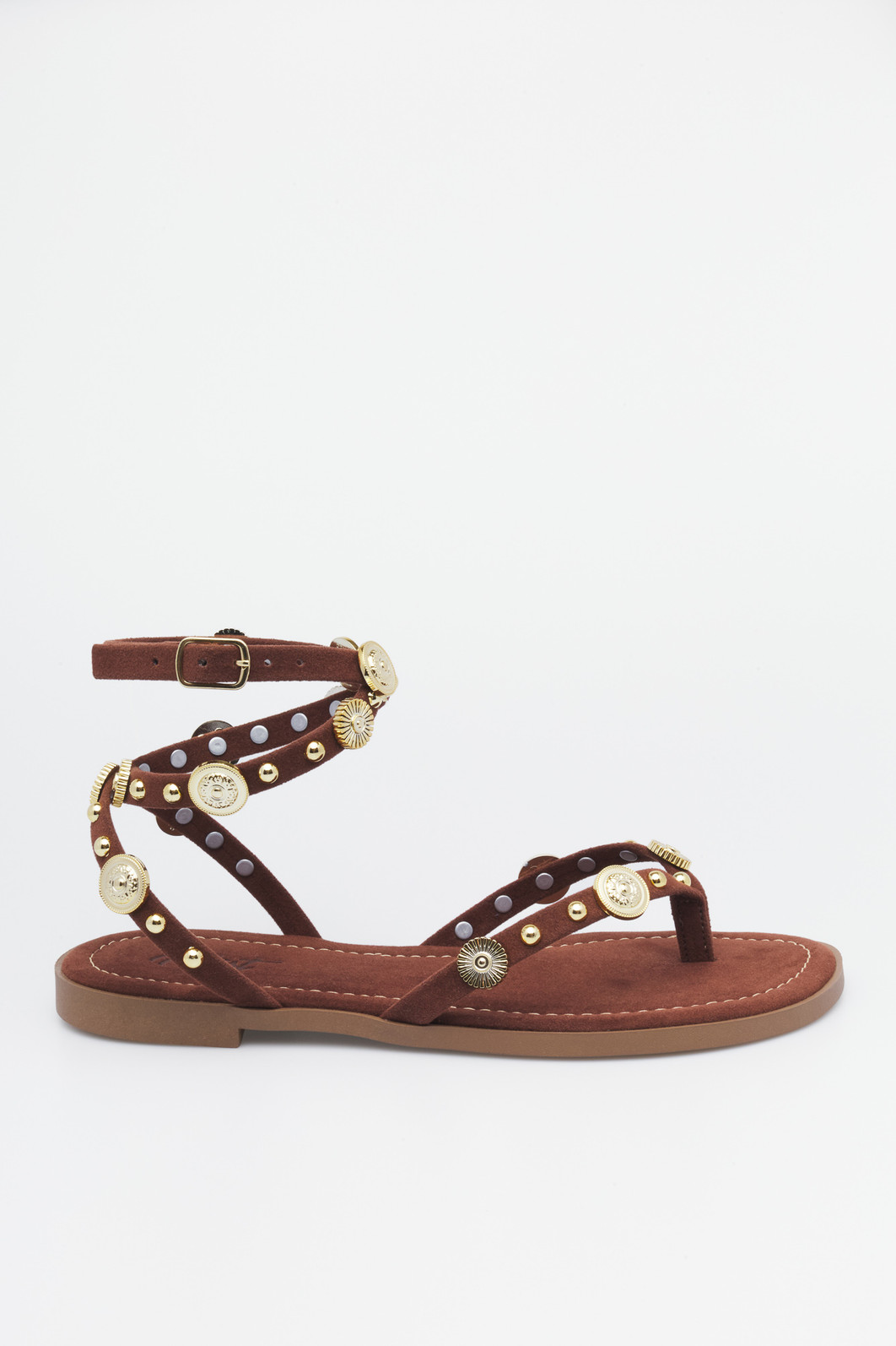 Sandália Luna Marrom MIST – Rasteira Feminina com Detalhes Dourados Sandália Luna Marrom MIST – rasteira feminina com tiras finas e medalhas douradas