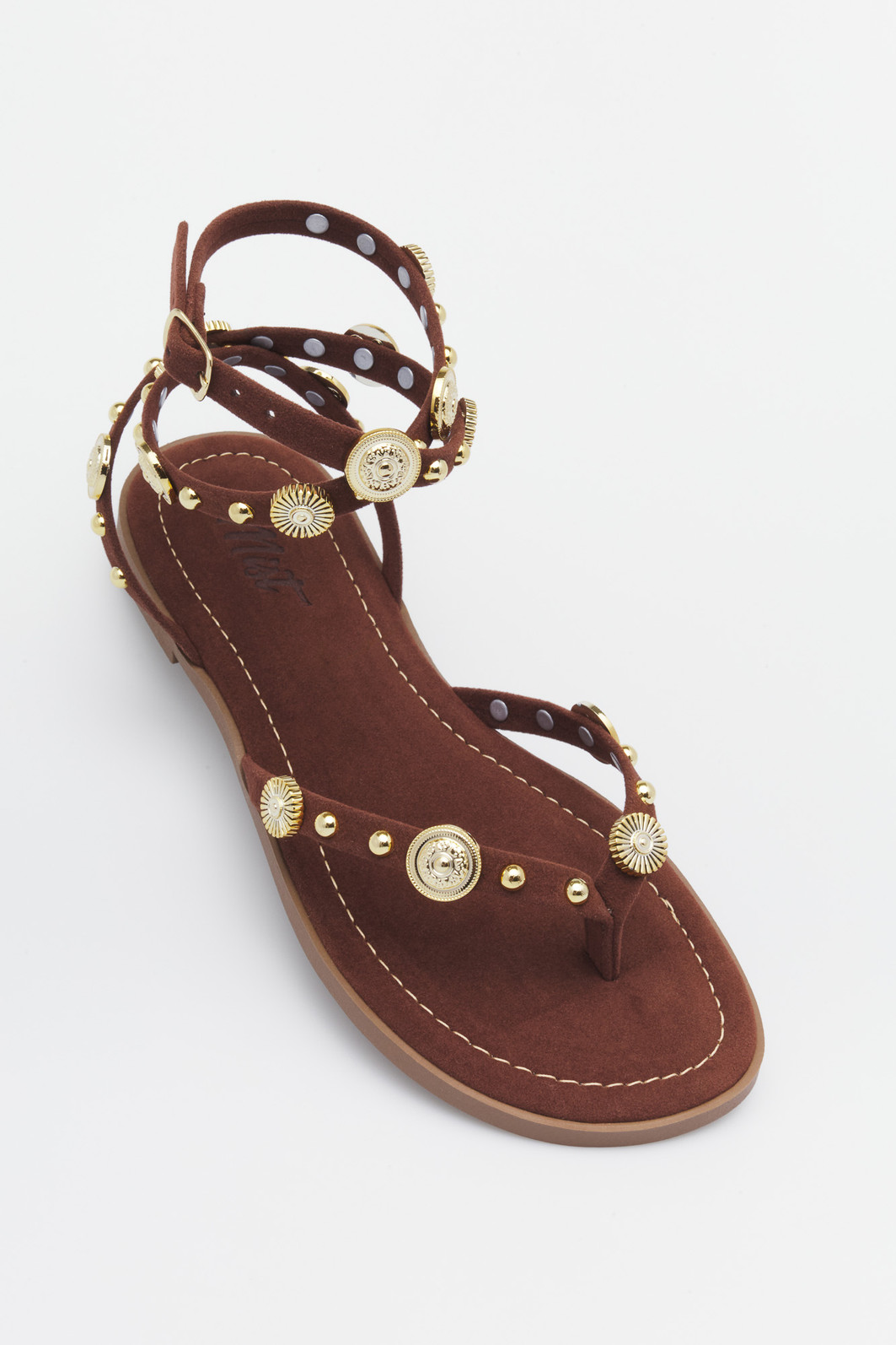 Sandália Luna Marrom MIST – Rasteira Feminina com Detalhes Dourados Sandália Luna Marrom MIST – rasteira feminina com tiras finas e medalhas douradas