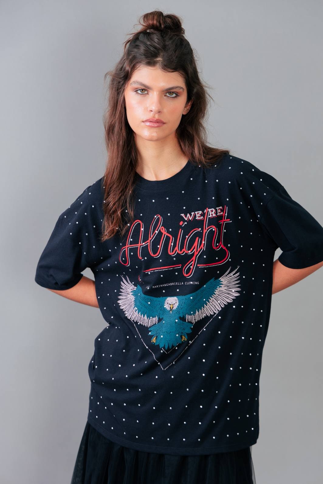 CAMISETA T-SHIRT VINTAGE PRETA COM STRASS ALRIGHT CAMISETA T-SHIRT VINTAGE PRETA COM STRASS ALRIGHT