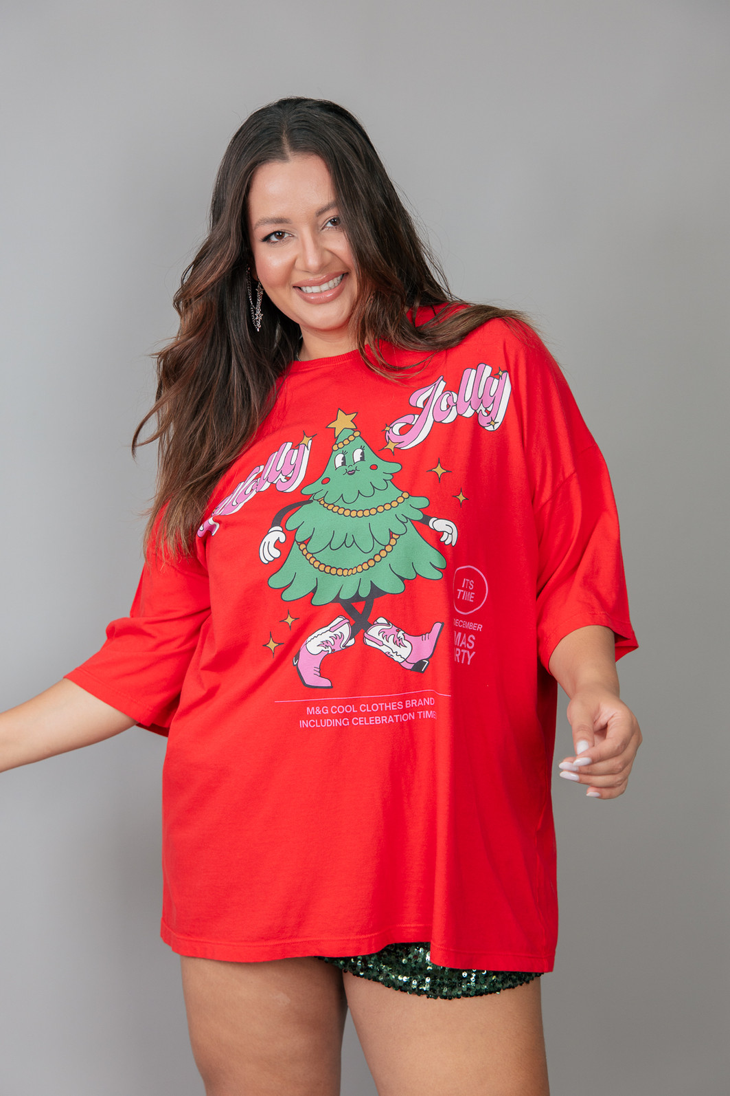 CAMISETA T-SHIRT OVERSIZED VERMELHA HOLLY JOLLY