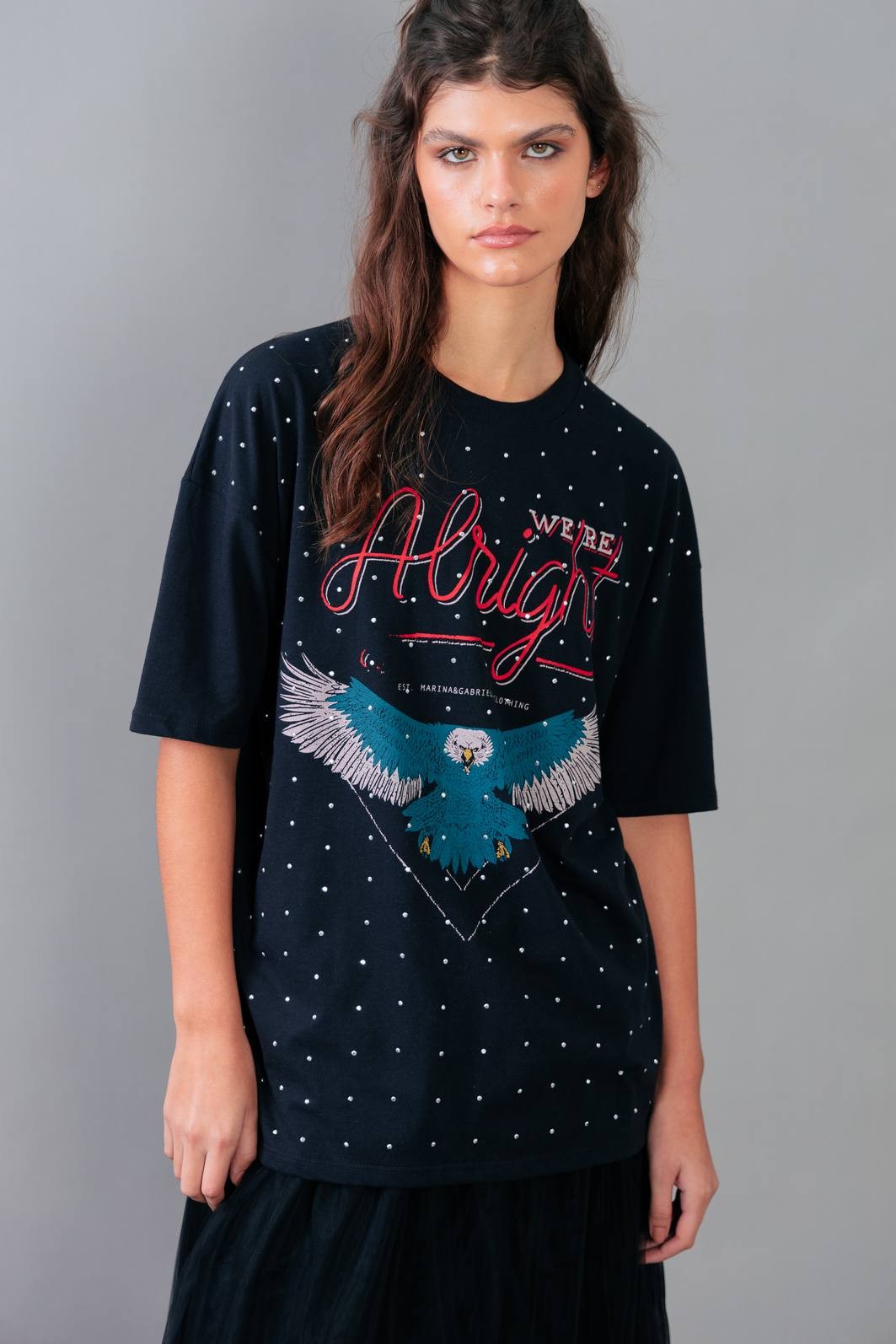 CAMISETA T-SHIRT VINTAGE PRETA COM STRASS ALRIGHT CAMISETA T-SHIRT VINTAGE PRETA COM STRASS ALRIGHT