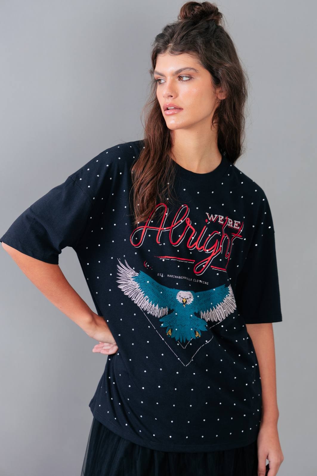 CAMISETA T-SHIRT VINTAGE PRETA COM STRASS ALRIGHT CAMISETA T-SHIRT VINTAGE PRETA COM STRASS ALRIGHT