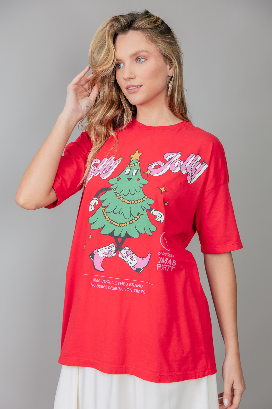 CAMISETA T-SHIRT OVERSIZED VERMELHA HOLLY JOLLY