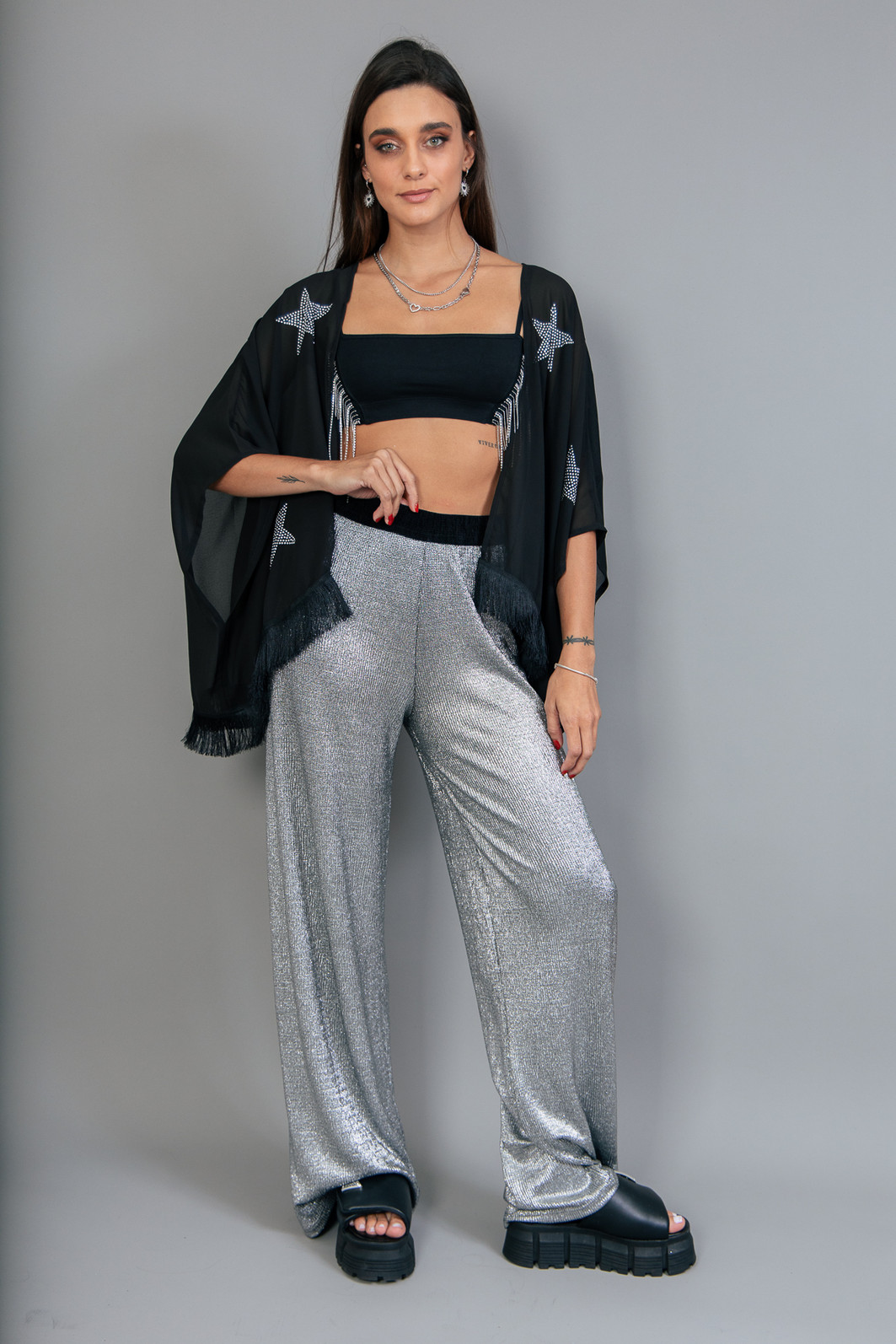 CALÇA PANTALONA COM ELÁSTICO MALHA PRATA CALÇA PANTALONA COM ELÁSTICO MALHA PRATA