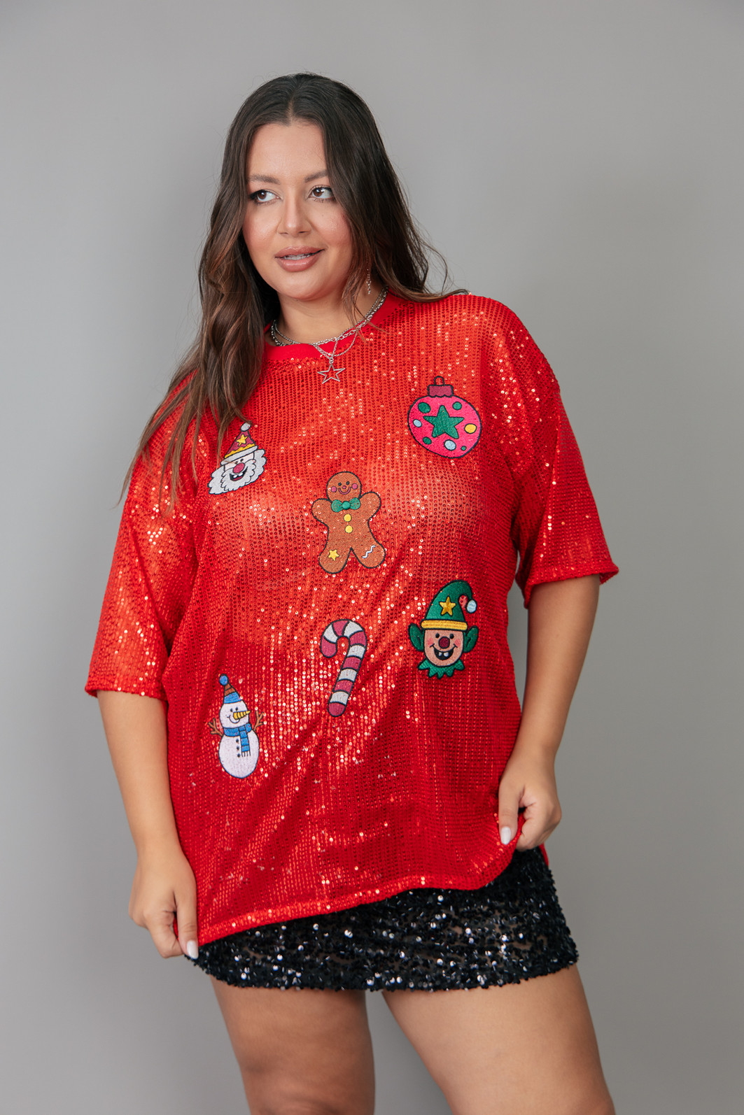 CAMISETA T-SHIRT OVERSIZED DE PAETÊ  VERMELHO XMAS