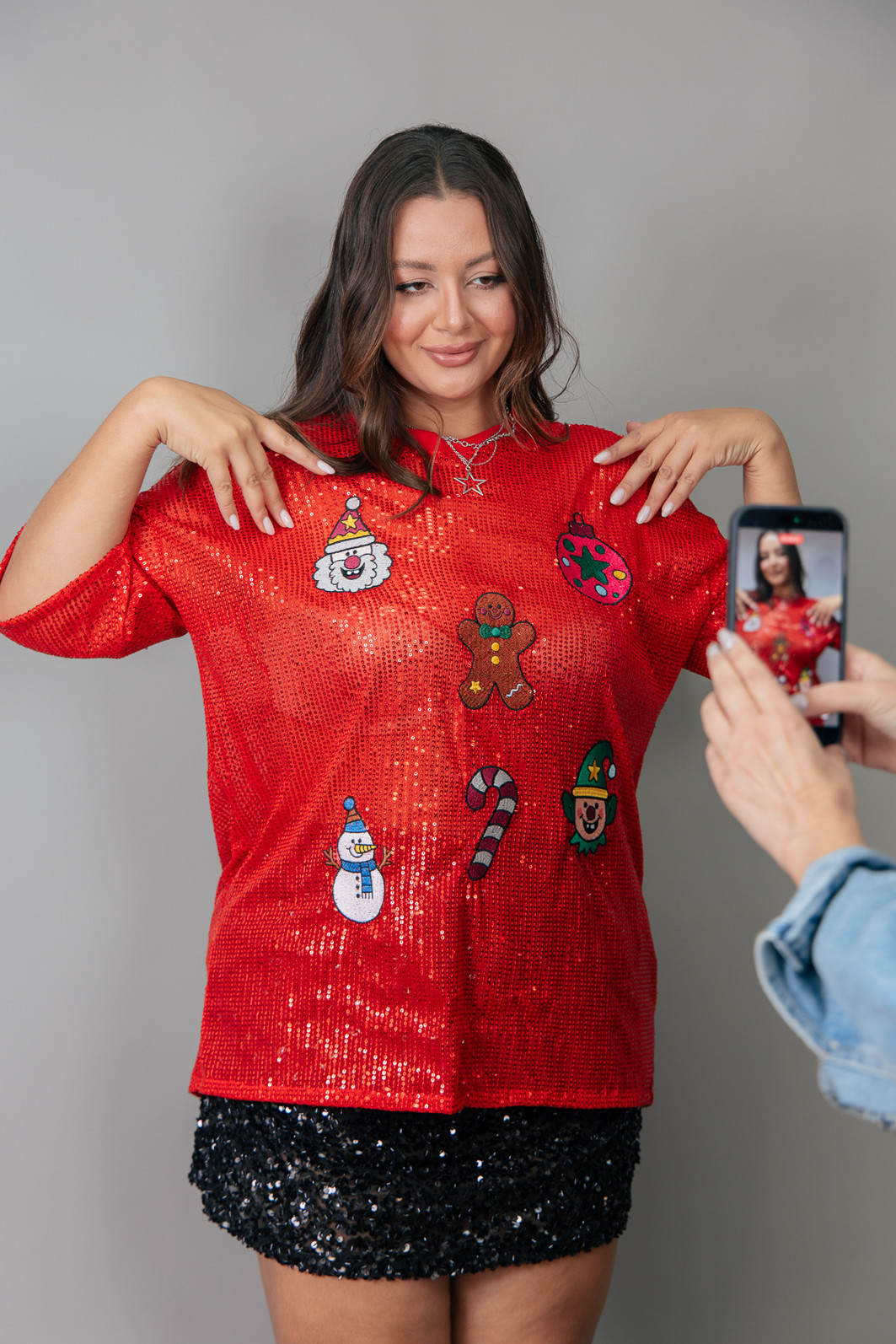 CAMISETA T-SHIRT OVERSIZED DE PAETÊ  VERMELHO XMAS