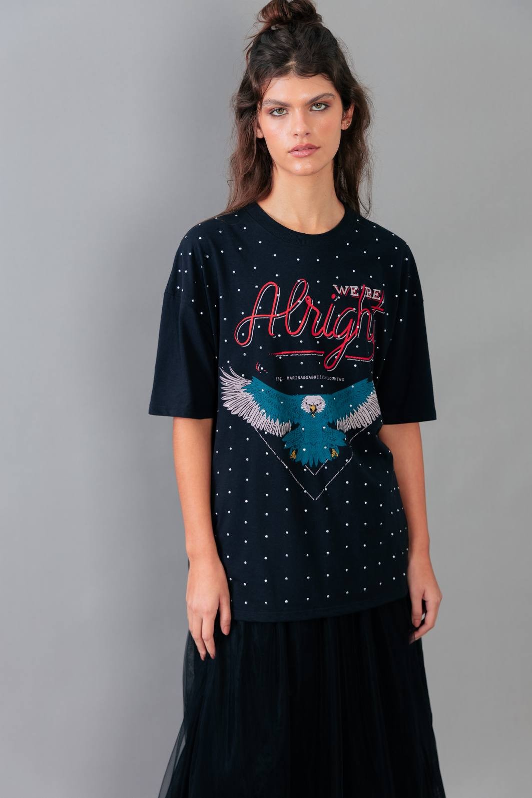 CAMISETA T-SHIRT VINTAGE PRETA COM STRASS ALRIGHT CAMISETA T-SHIRT VINTAGE PRETA COM STRASS ALRIGHT