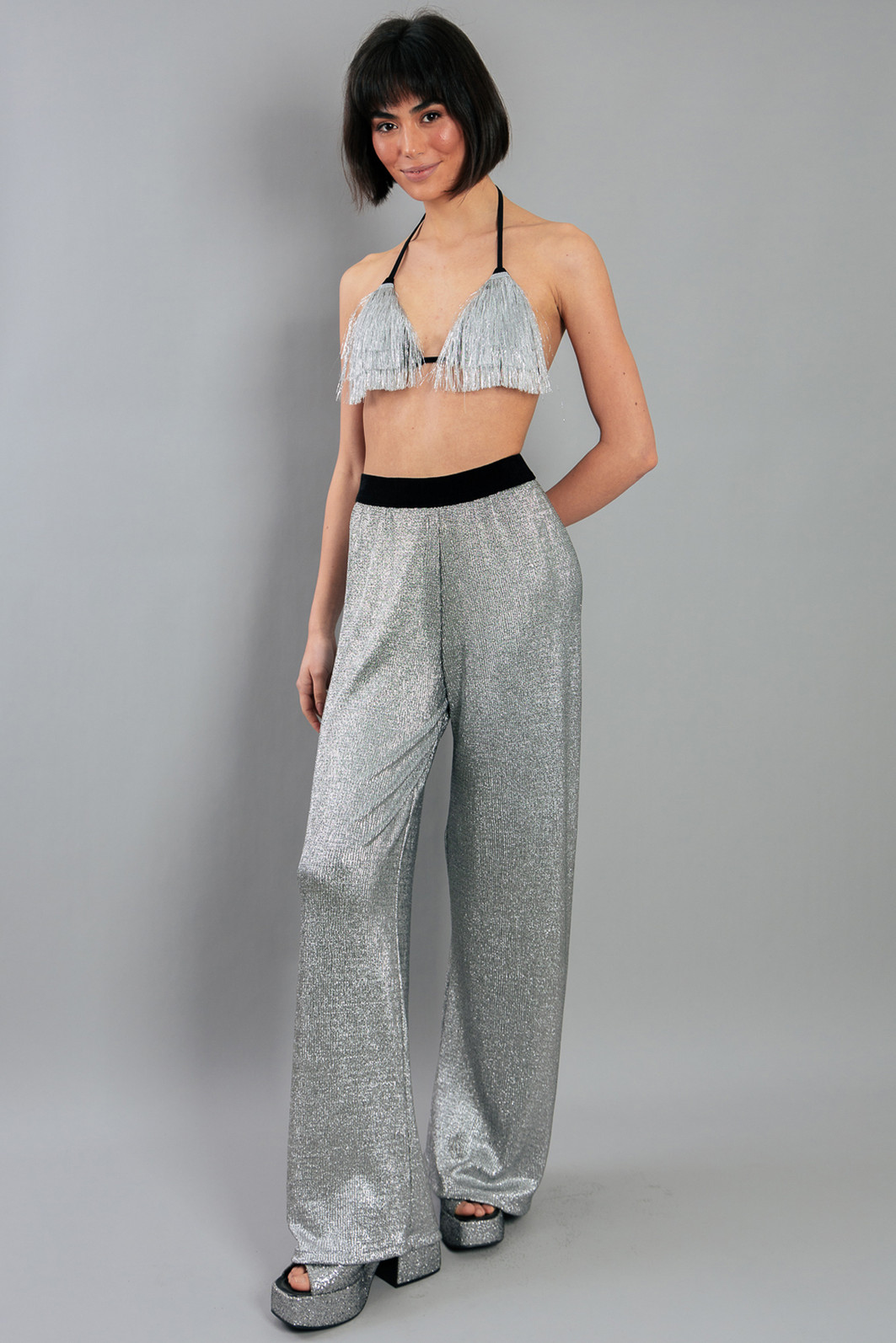 CALÇA PANTALONA COM ELÁSTICO MALHA PRATA CALÇA PANTALONA COM ELÁSTICO MALHA PRATA