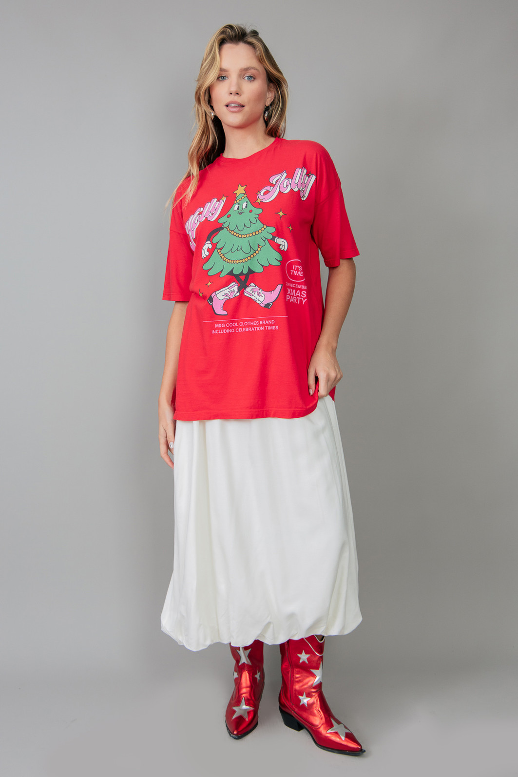 CAMISETA T-SHIRT OVERSIZED VERMELHA HOLLY JOLLY