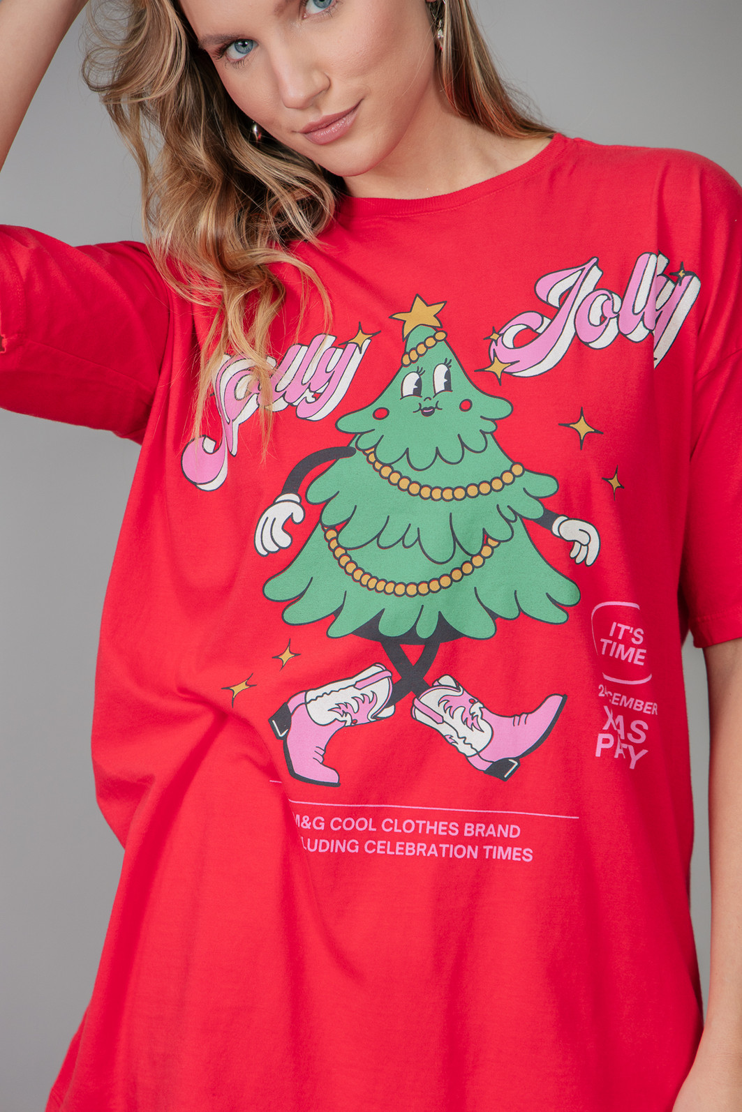 CAMISETA T-SHIRT OVERSIZED VERMELHA HOLLY JOLLY