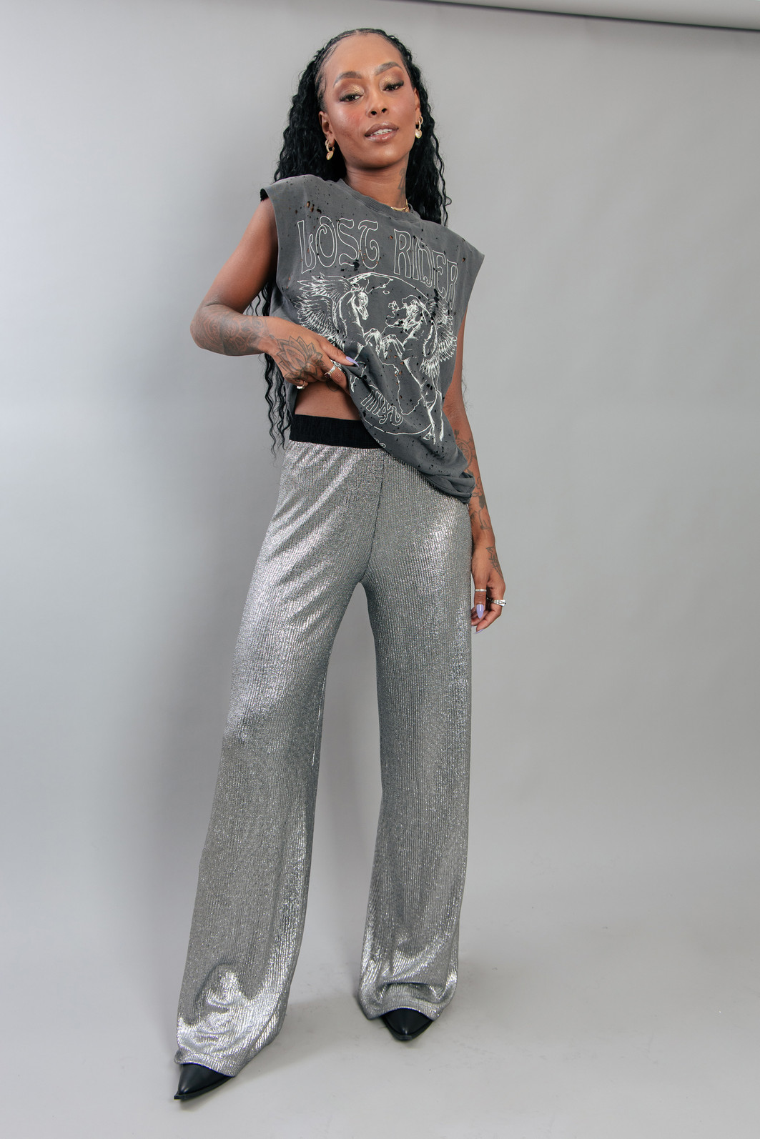 CALÇA PANTALONA COM ELÁSTICO MALHA PRATA CALÇA PANTALONA COM ELÁSTICO MALHA PRATA