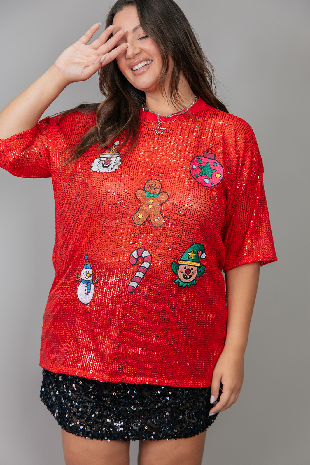 CAMISETA T-SHIRT OVERSIZED DE PAETÊ  VERMELHO XMAS