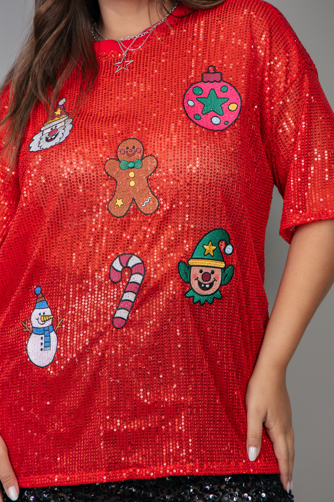 CAMISETA T-SHIRT OVERSIZED DE PAETÊ  VERMELHO XMAS