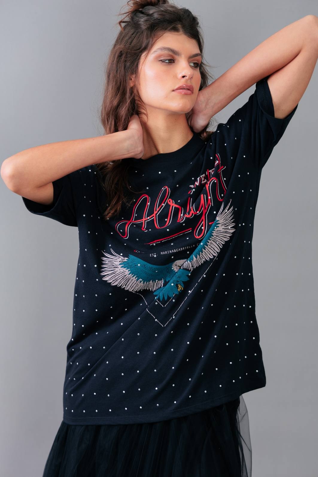 CAMISETA T-SHIRT VINTAGE PRETA COM STRASS ALRIGHT CAMISETA T-SHIRT VINTAGE PRETA COM STRASS ALRIGHT