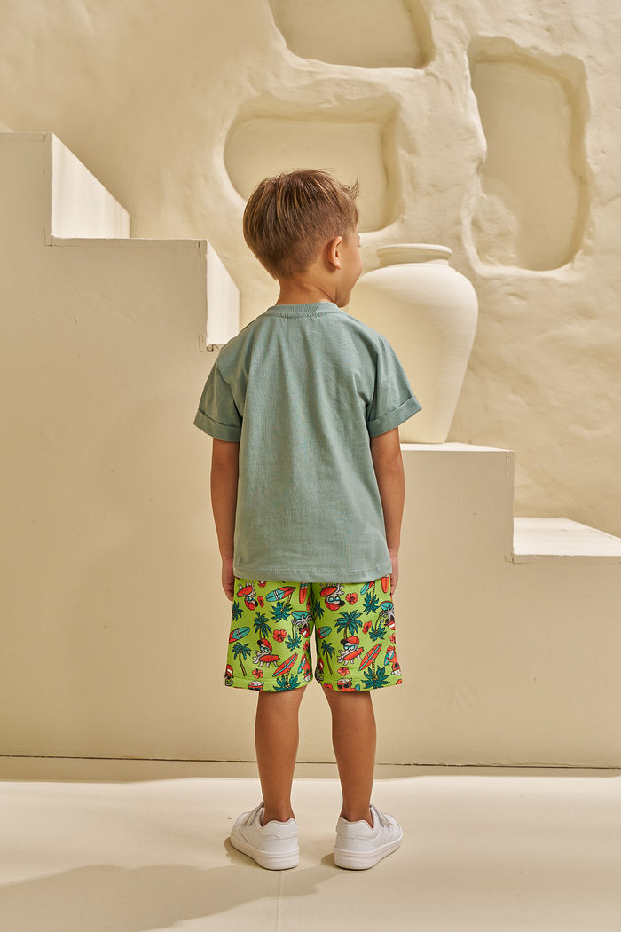 CONJUNTO T-SHIRT EM MEIA MALHA E BERMUDA EM MOLETINHO POLVO SURFISTA