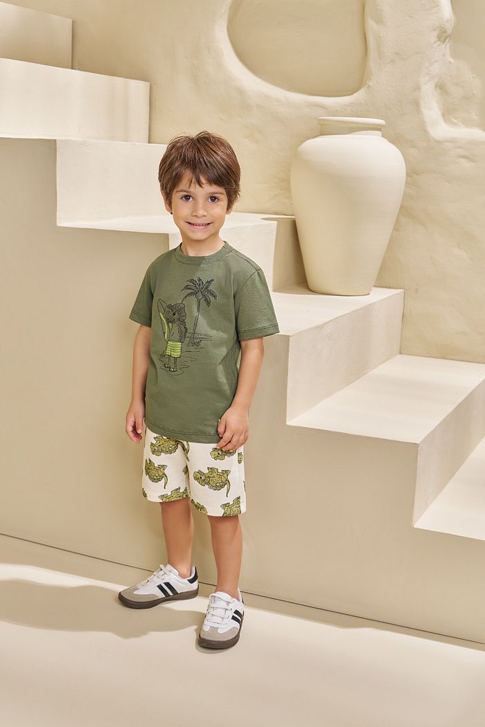 CONJUNTO T-SHIRT EM MEIA MALHA E BERMUDA EM MOLETINHO HAPPY DINO